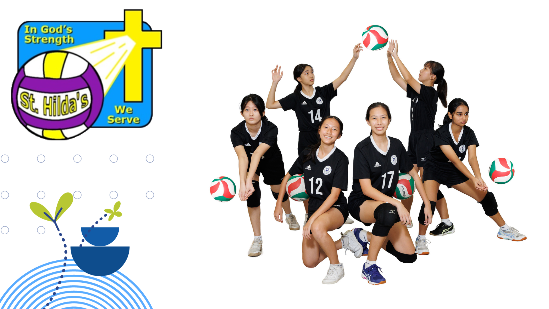 Six girls in black St. Hilda's volleyball uniforms pose with volleyballs alongside the school's badge.